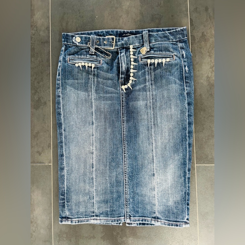 7 For All Mankind Blue White Knee-Length Pencil Skirt